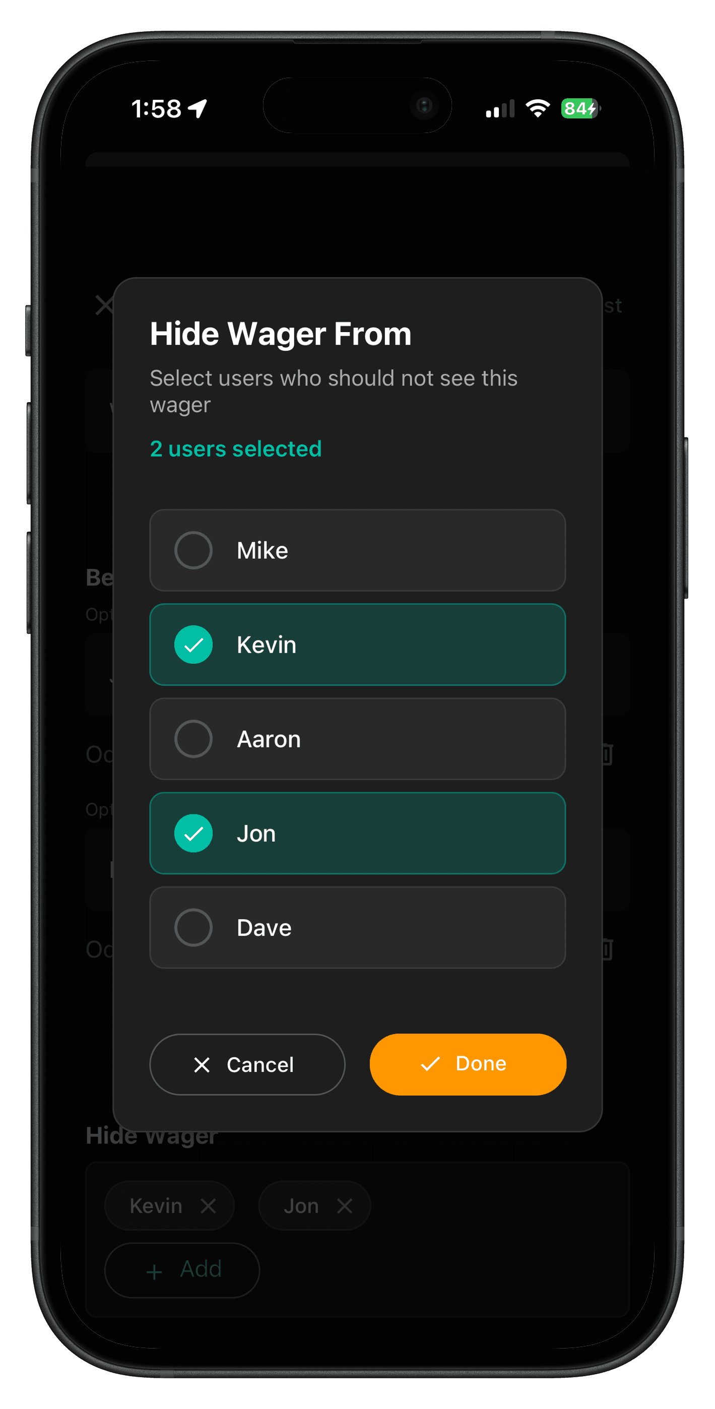 Oddience hidden bets screen