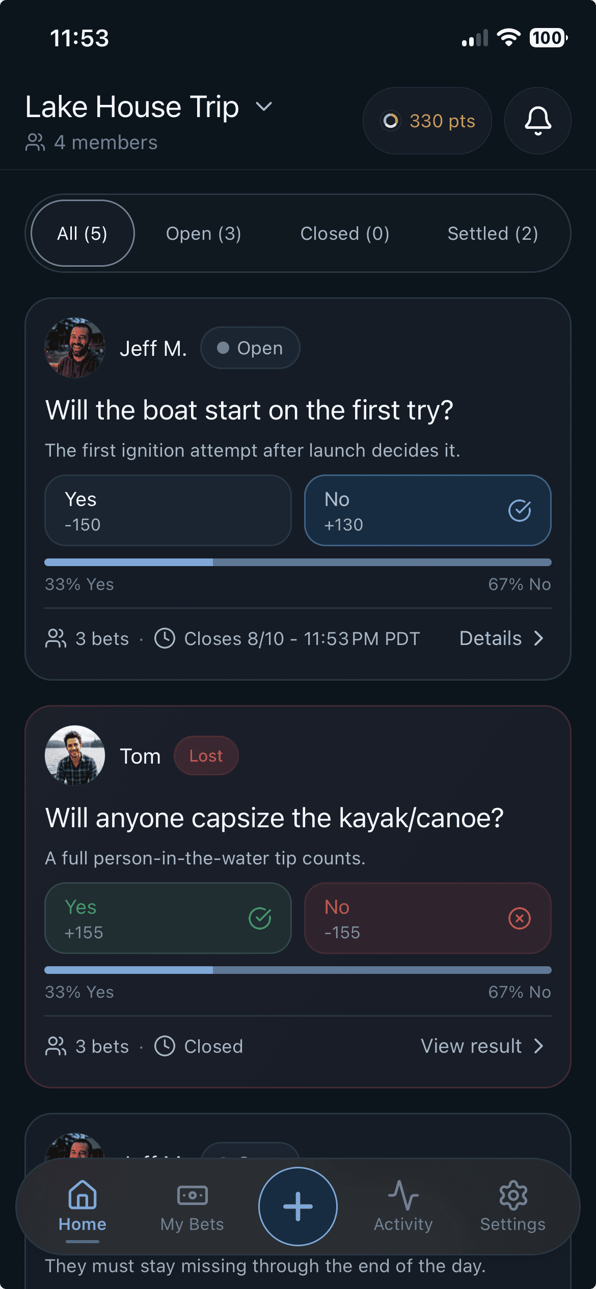 Oddience wager board on iPhone