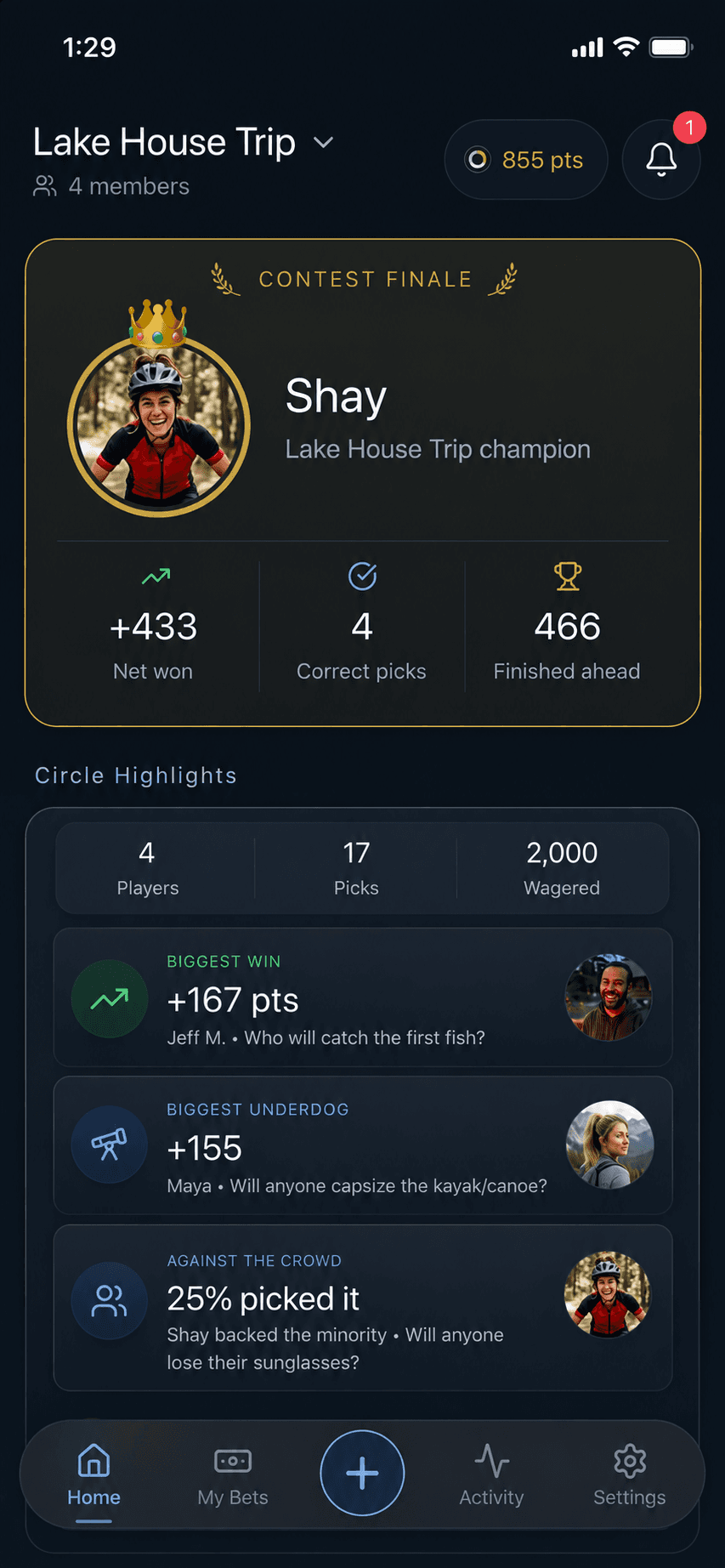 Contest finale screen with the circle champion